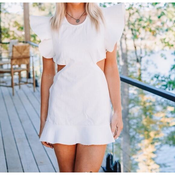 SHUG Dresses & Skirts - White Ruffled Sleeves Hemline Accents Bodycon Mini Dress Side Cutouts Small $274